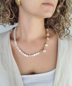 Κολιέ ατσάλινη αλυσίδα και πέρλες