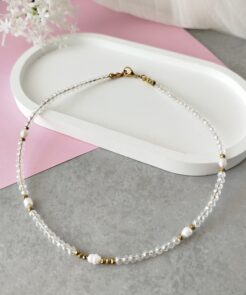 Λεπτό Χειροποίητο Κολιέ Pearl Glow με Κρύσταλλα και Αιματίτης