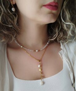 Κολιέ ατσάλινη αλυσίδα μαργαριτάρια με μενταγιόν