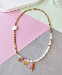 Κολιέ Red Tulip Ατσάλινη Αλυσίδα και Μαργαριτάρια