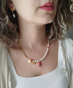 Alternative view of Κολιέ Red Tulip Ατσάλινη Αλυσίδα και Μαργαριτάρια