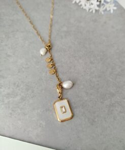 Κολιέ ατσάλινη αλυσίδα μαργαριτάρια με μενταγιόν