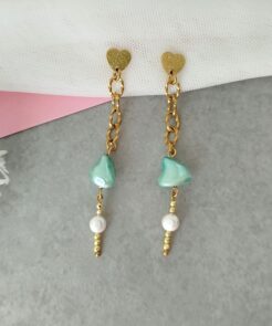 Μακριά Σκουλαρίκια με Πράσινη Πέρλα & Ατσάλινη Αλυσίδα