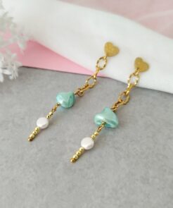 Μακριά Σκουλαρίκια με Πράσινη Πέρλα & Ατσάλινη Αλυσίδα