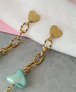 Μακριά Σκουλαρίκια με Πράσινη Πέρλα & Ατσάλινη Αλυσίδα