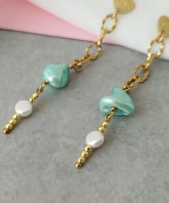 Μακριά Σκουλαρίκια με Πράσινη Πέρλα & Ατσάλινη Αλυσίδα