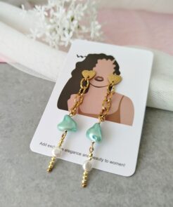 Μακριά Σκουλαρίκια με Πράσινη Πέρλα & Ατσάλινη Αλυσίδα