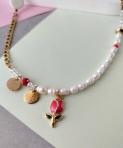 Κολιέ red tulip ατσάλινη αλυσίδα μαργαριτάρια