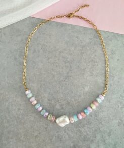 Κολιέ Candies Ατσάλινη Αλυσίδα Κρύσταλλα και Πέρλα