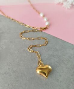 Κολιέ Ατσάλινη Αλυσίδα με Μαργαριτάρια και Καρδούλα