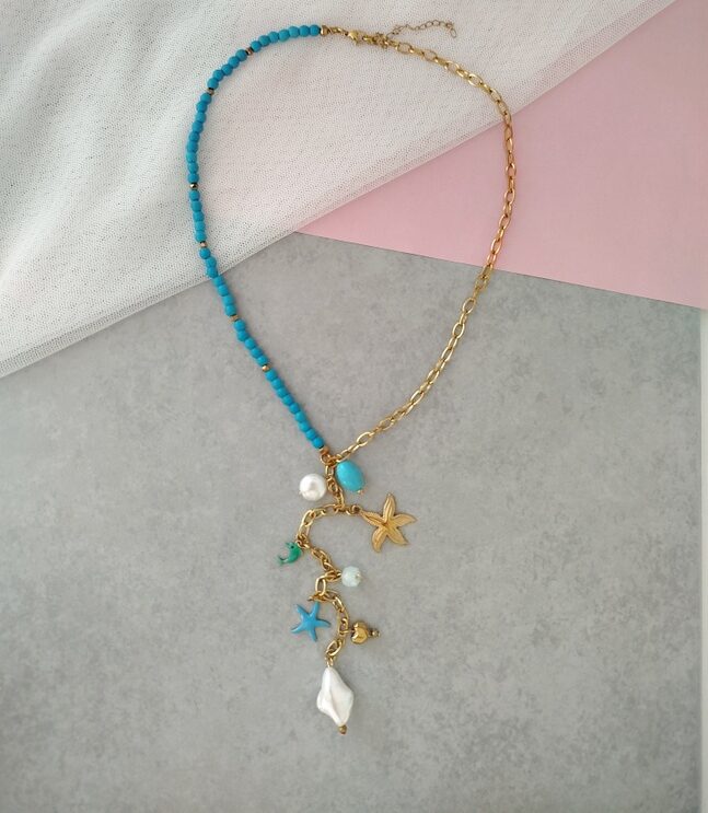 Κολιέ Y Σκιάθος με Τυρκουάζ Πέτρες και Charms