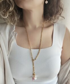 Alternative view of Μακριά Ατσάλινη Αλυσίδα Pink Heart με Αποσπώμενα Charms