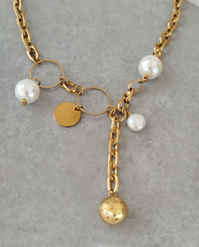 Κολιέ Ατσάλινη Αλυσίδα με Πέρλες και Charms - Image 3