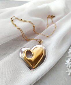 Μακρύ Ατσάλινο Κολιέ Duo Heart με Δίχρωμη Καρδιά